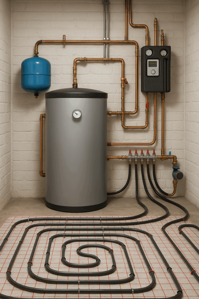 Installatie van zonneboiler vloerverwarming buffervat aangesloten op vloerverwarming